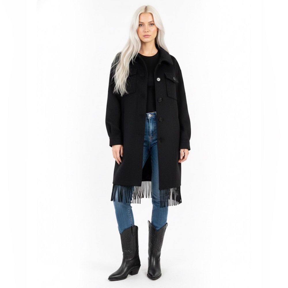 NWOT Anthropology Fringe Car Coat Black SML